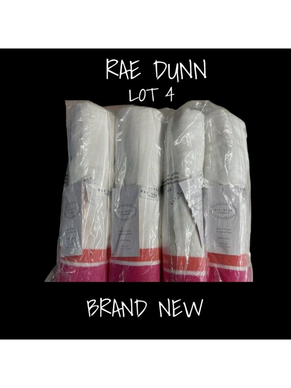 Rae Dunn Beach Towels Lot of 4 - White & Pink 36x68, New with Tag